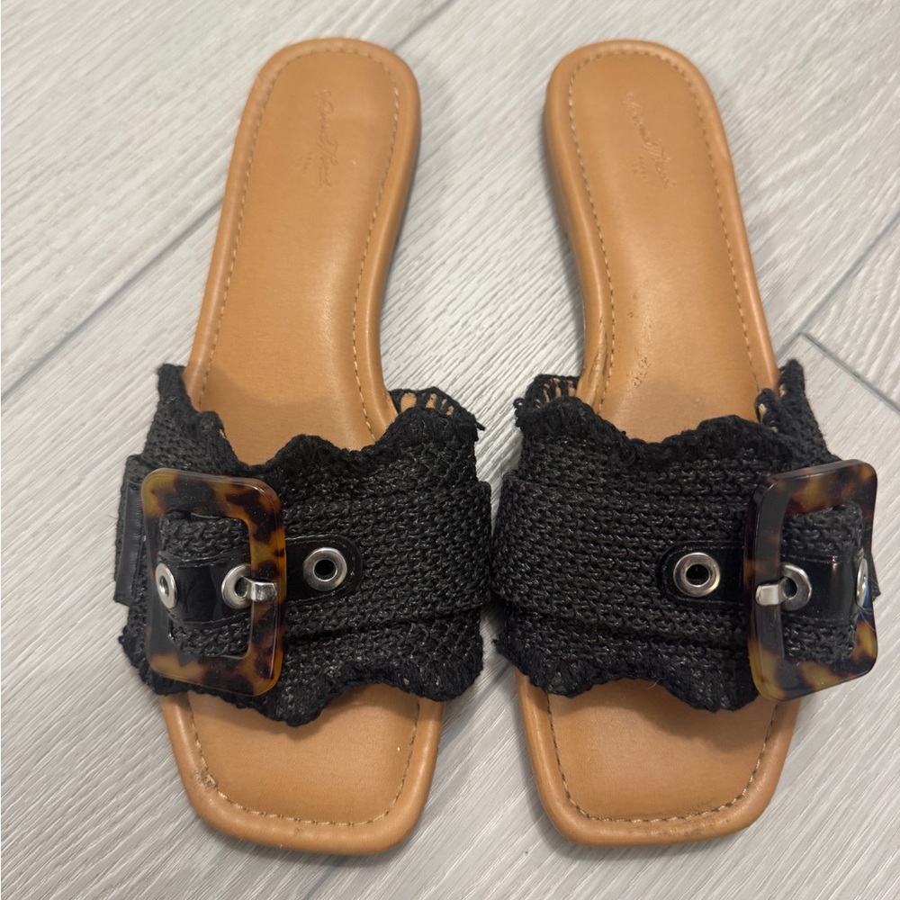 A New Day Black Woven with Large Buckle Slide Sandals Size 9.5